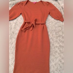 Betsey Johnson Rust/Orange Sweater Dress with Short Puff Sleeves, Size M, Belt